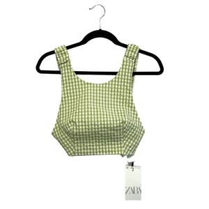 Zara Gingham Check Crop Tank Top NWT Women's Sz S Green White Casual Backless